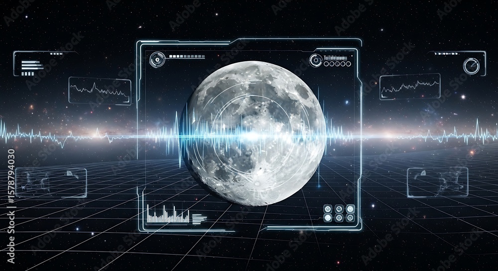 Poster a detailed view of the moon is displayed on a futuristic screen with various data visualizations and