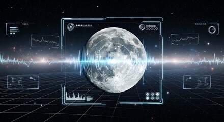 A detailed view of the moon is displayed on a futuristic screen with various data visualizations and a grid background.