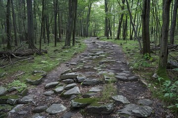 Naklejka premium Stone path winding through a tranquil forest, inviting exploration and adventure in nature