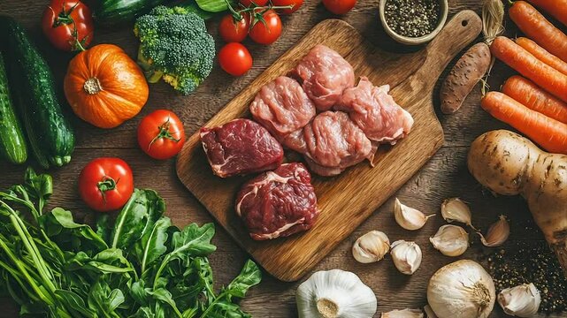 Raw meat and assorted vegetables on a wooden board