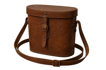 Vintage brown leather binocular case featuring brass buckles, protective shoulder strap, safeguarding optical equipment against damage while traveling