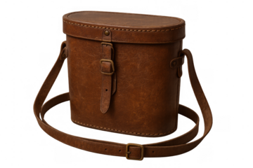 Vintage brown leather binocular case featuring brass buckles, protective shoulder strap, safeguarding optical equipment against damage while traveling