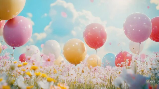 Colorful hot air balloons floating in the sky over a vibrant field of wildflowers on a sunny day with clouds.