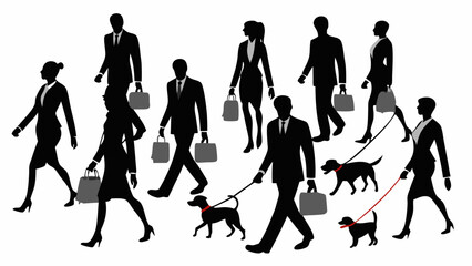 Silhouette of business people walking with briefcases and dogs on leashes in black and white style