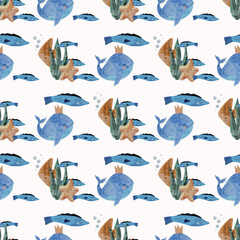 Seamless pattern with blue whales in crowns, fish, seaweed, starfish, shells, and bubbles in soft watercolor style on a light background. Great for kids' textiles, wallpaper, and wrapping.