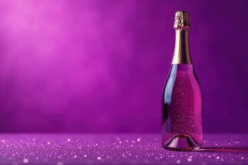 Elegant champagne bottle, violet glitter backdrop, christmas, classic