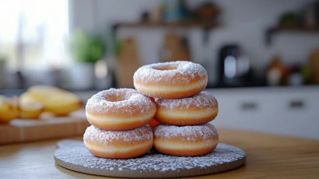 Colorful sugar doughnuts stacked in a kitchen setting. A delicious treat to enjoy.
