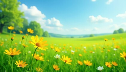 Fototapeta premium Gentle green fields dotted with bright yellow daisies sway in soft breeze, daisy, field