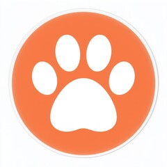 Fototapeta premium Bright orange circular icon with a white paw print symbol, featuring four oval toe pads and a rounded base, surrounded by a clean white border.