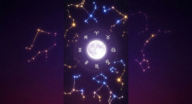 Illustration of zodiac signs surrounding a bright full moon, with constellations scattered across a dark purple and blue gradient background.