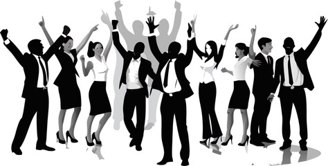 Group of business people celebrating success with arms raised in black and white illustration style