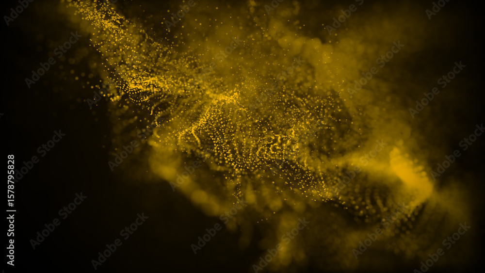Poster abstract animation of yellow glittering dust and particles forming soft waves and nebula-like clouds