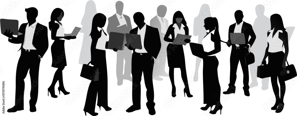 Poster silhouette of business professionals working with laptops and documents in a group setting design