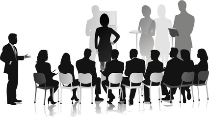 Silhouette of a presenter giving a talk to an audience in a business meeting or conference room