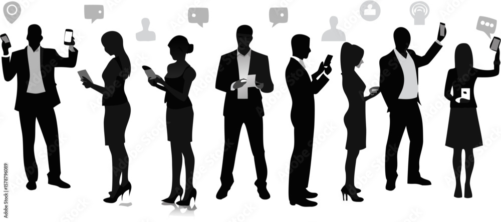 Poster silhouettes of people using mobile devices with speech bubbles and profile icons above them line up