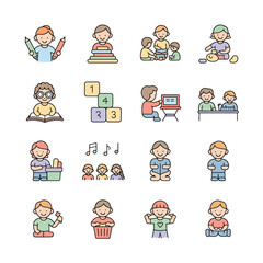 Fototapeta premium Colorful Vector Icons Set Depicting Children Engaged in Various Early Childhood Activities Including Reading Playing with Blocks Using Computers and Engaging in Music Activities