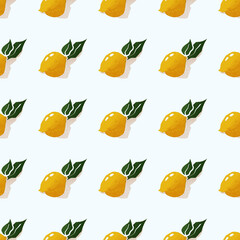 Seamless pattern featuring bright yellow lemons with green leaves in a hand-drawn, textured style on a light background. Perfect for kitchen textiles, packaging, wallpapers
