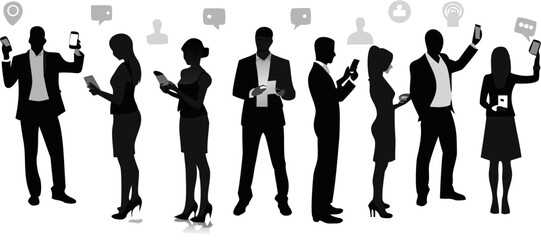 Silhouettes of people using mobile devices with speech bubbles and profile icons above them line up