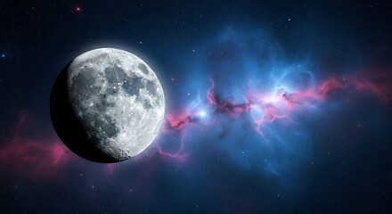 Obraz premium A detailed view of the moon against a backdrop of vibrant blue and pink nebula clouds in the vastness of space.