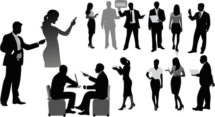 Silhouette depictions of business professionals in various poses and interactions on a white backdrop