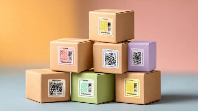 Stacked cardboard boxes with colorful QR code labels on a pastel background, showcasing modern packaging and technology integration.