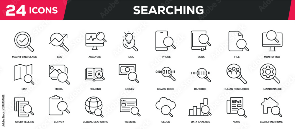 Poster set of collection line icons related searching, magnifying glass. editable stroke. perfect pixel on 