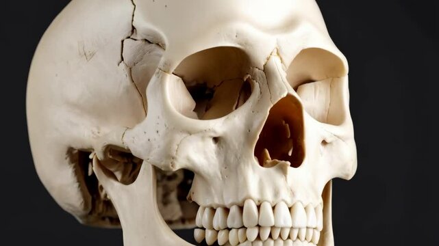 Detailed view of a white human skull on a dark background showing the bone structures and teeth arrangement for educational purposes