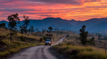 Majestic Dawn Paints the Sky Above a Lone Truck Traversing a Dusty Road Through Serene Hills