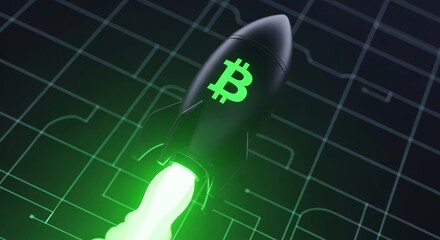 Bitcoin Rocket Launch with Glowing Flame on Abstract Grid Background