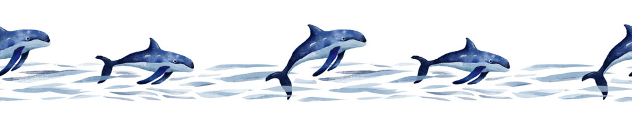 Obraz premium Seamless horizontal marine border featuring blue dolphins jumping over stylized ocean waves, painted in watercolor style. Suitable for packaging, fabric, web design, and decorative projects.