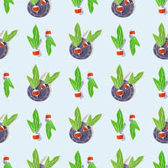 Seamless pattern with hand-drawn radishes and fresh green leaves arranged on plates, on a light background. Perfect for kitchen textiles, packaging, wallpaper, and vegetable-themed designs.