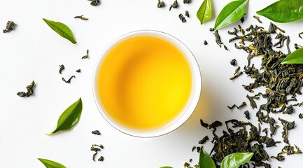 White background, teacup, green tea leaves
