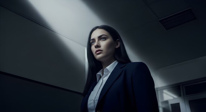 Young determined professional woman in a dramatic low key lit business setting