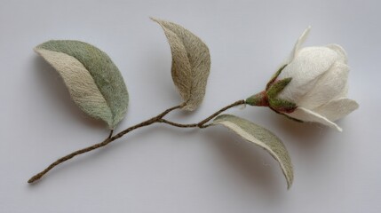 Obraz premium A delicate, handmade wool felt flower and leaves on a white background, showcasing intricate craftsmanship and natural beauty.