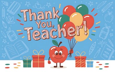 Thank you teacher with apple and balloons and gifts