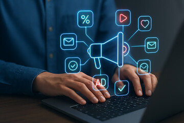 Digital Marketing Strategy with Social Media Icons and Laptop Interaction