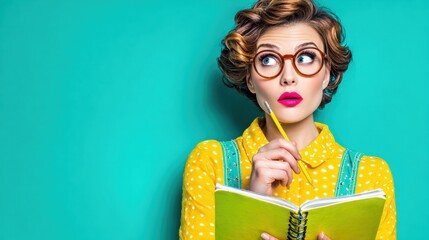 A stylish woman in a yellow polka dot dress with glasses ponders while holding a pencil and notebook against a vibrant teal background.
