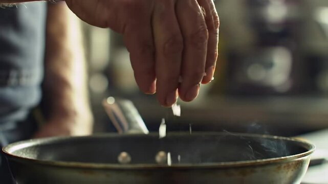 Close up shot hands of male chef salting food in frying pan during cooking