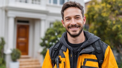 Smiling man in a yellow jacket stands in front of a house, conveying warmth and approachability in a residential setting.