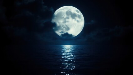 A bright full moon illuminates the dark ocean water, reflecting its light on the surface under a cloudy night sky.