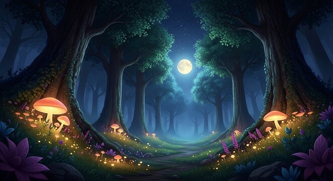 A magical forest scene at night with glowing mushrooms, flowers, and a full moon illuminating the trees. - Powered by Adobe