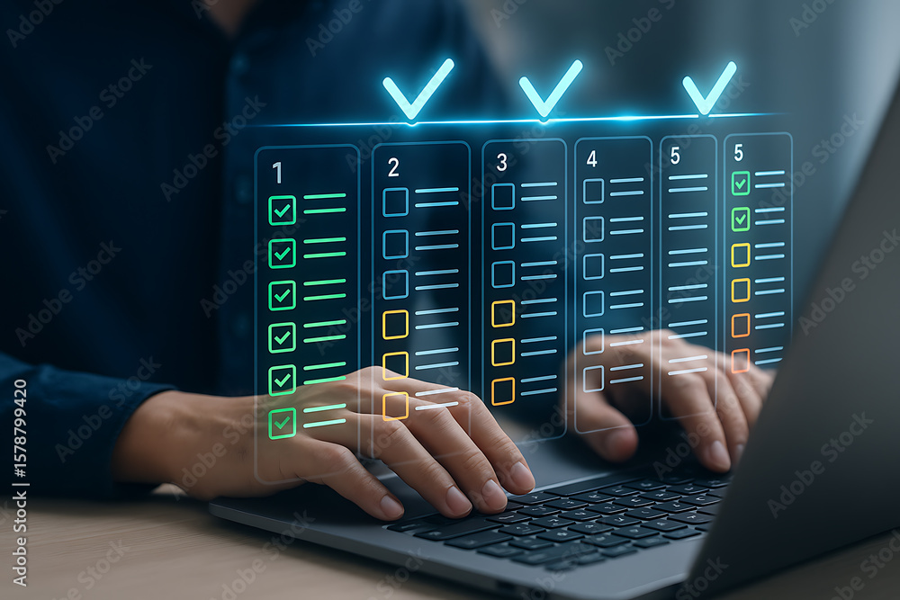 Poster digital checklist and task management interface on laptop screen