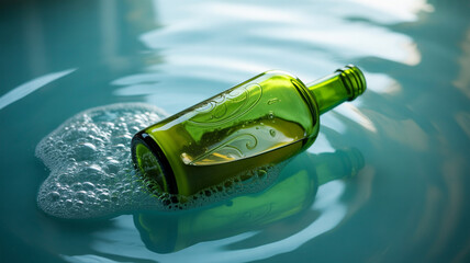Green glass bottle floats on calm water surface reflecting natural light during a sunny day