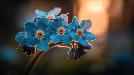 Close-up of vibrant blue flowers against a warm, blurred background, capturing the delicate details and soft lighting in a serene natural setting.