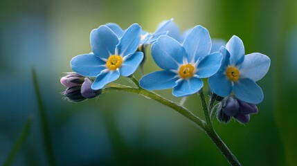 Close-up of delicate blue forget-me-not flowers with a soft green background, highlighting their vibrant petals and yellow centers.