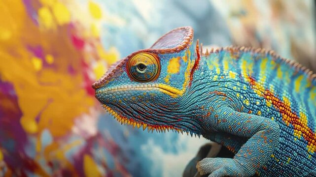 Colorful Chameleon Perched on Branch Against Vibrant Abstract Background
