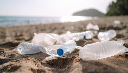 The sand is littered with trash. Polluted beach. People's global problem. 