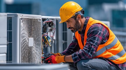 Technician in safety gear repairs an outdoor air conditioning unit on a rooftop, ensuring efficient HVAC system functionality.