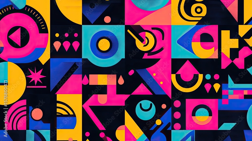 Poster the stock photo displays a seamless texture composed of overlapping geometric shapes and symbols.