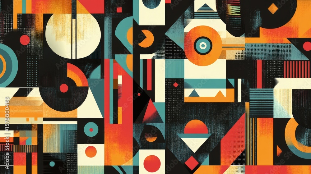Poster the stock photo showcases a seamless texture composed of overlapping geometric shapes and symbols.